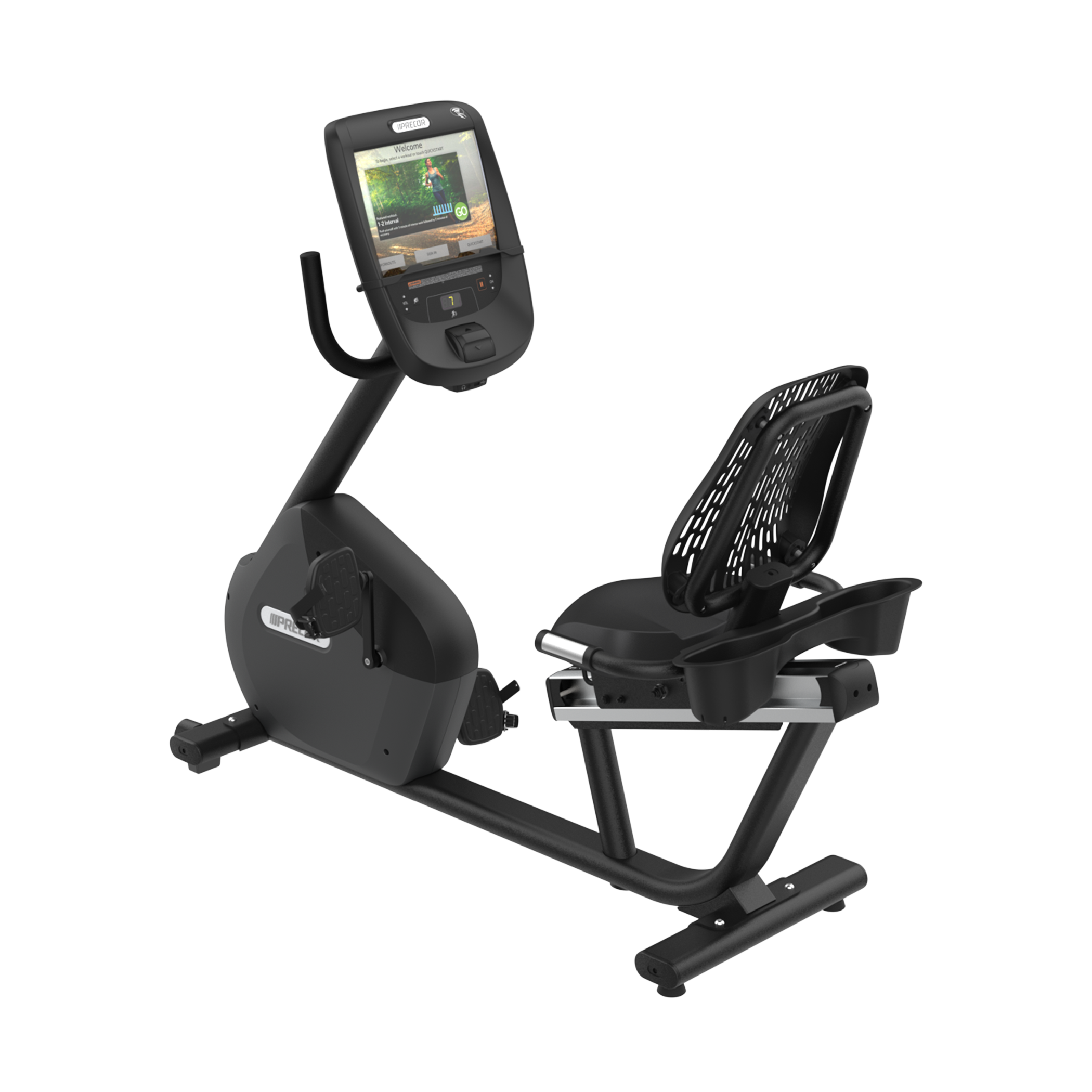 Precor RBK 685 recumbent bike with P82 console in black pearl