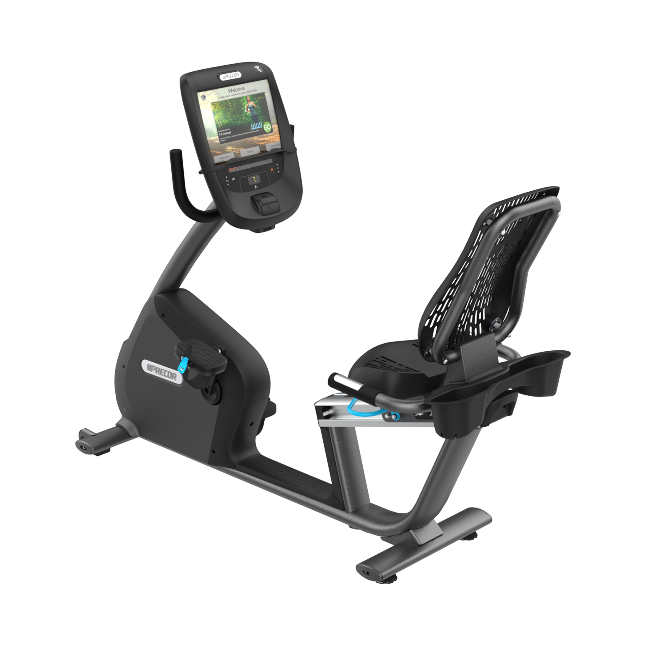Precor RBK 885 recumbent bike with P82 console in storm grey