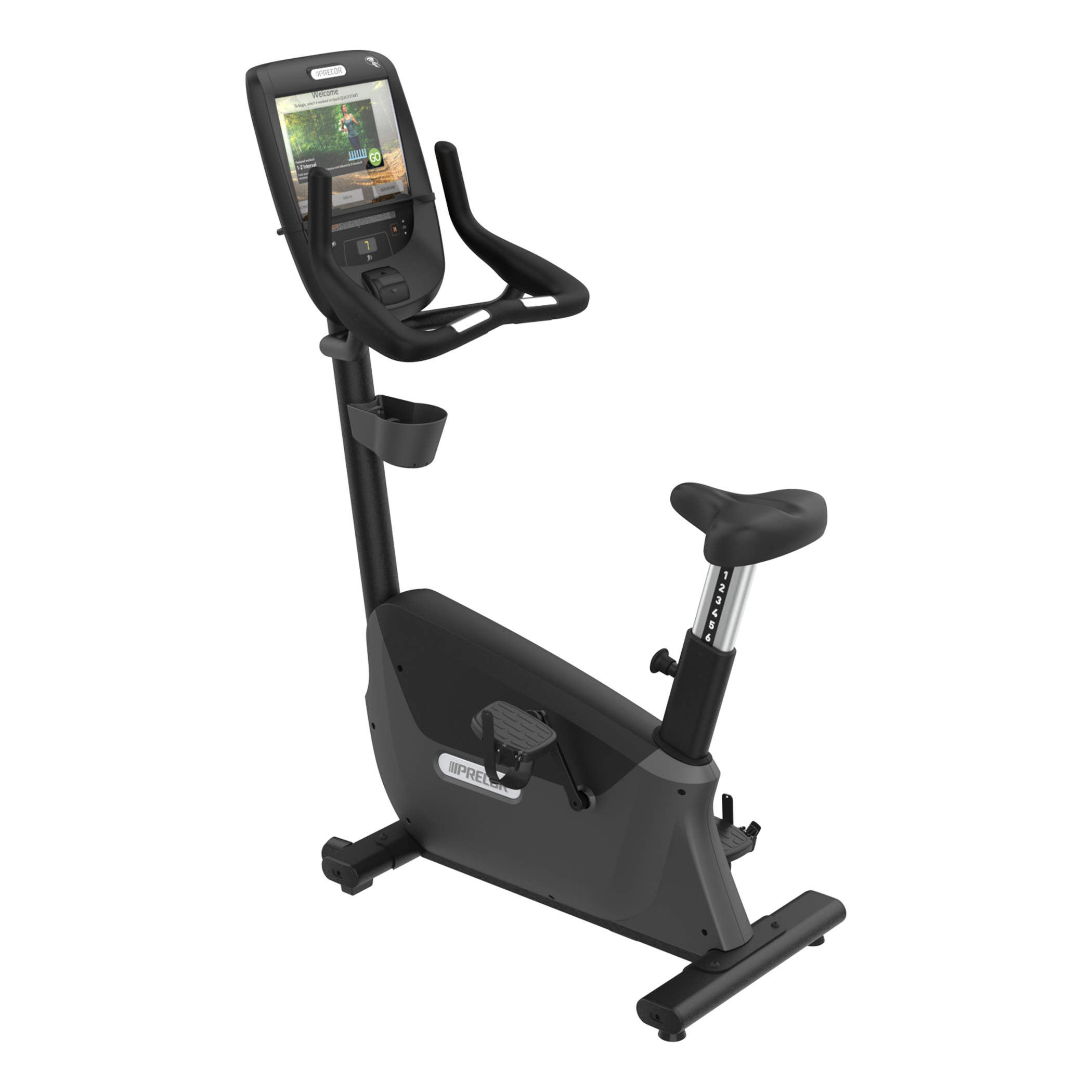 Precor UBK 685 upright bike with P82 console in black pearl