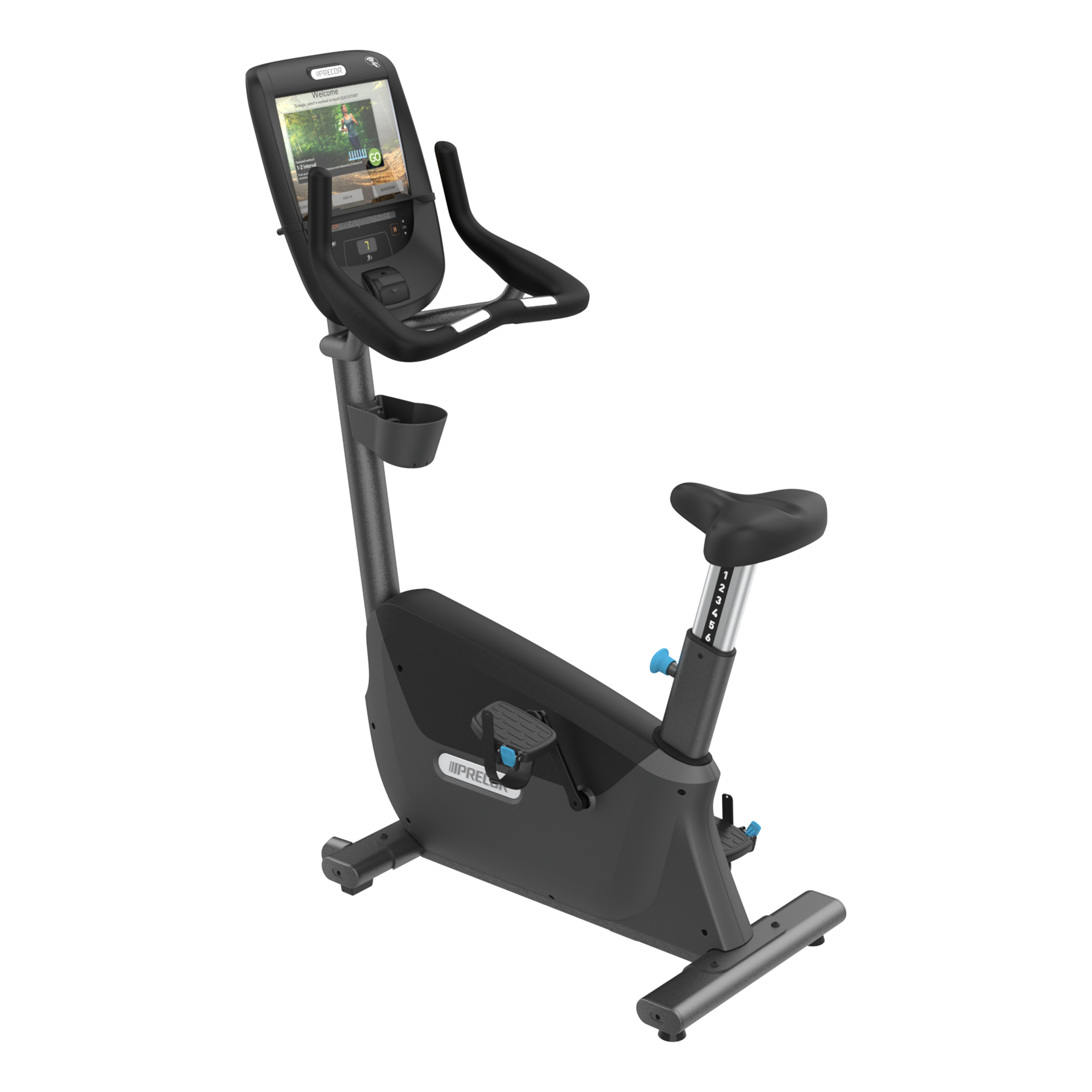 Precor UBK 685 upright bike with P62 console in storm grey